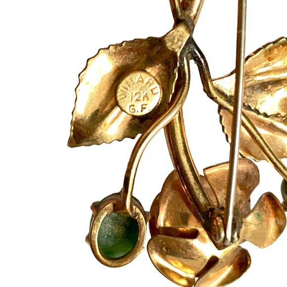 1940s Winard 12K GF Rose Flower Green Glass Stones Brooch Gold Tone 2.5in - Picture 8 of 13
